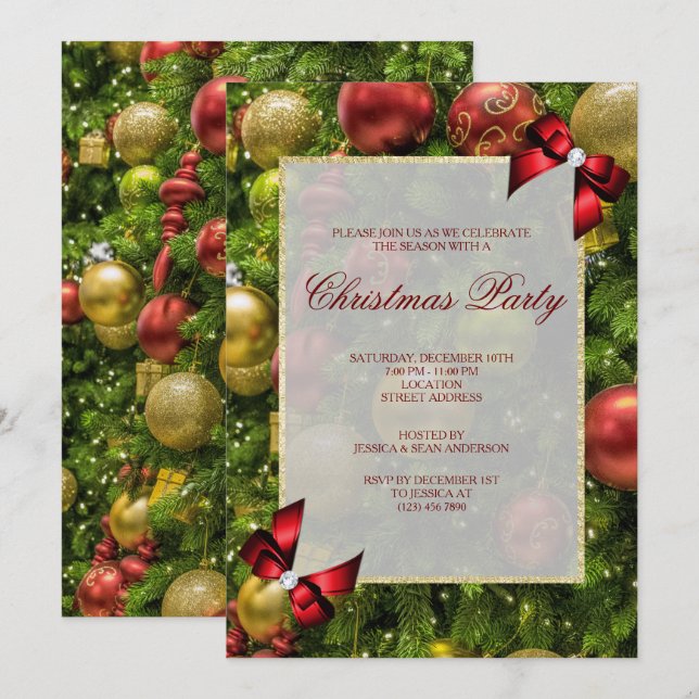 Convite Festa de Natal com Enfeites e Laços Elegantes (Frente/Verso)