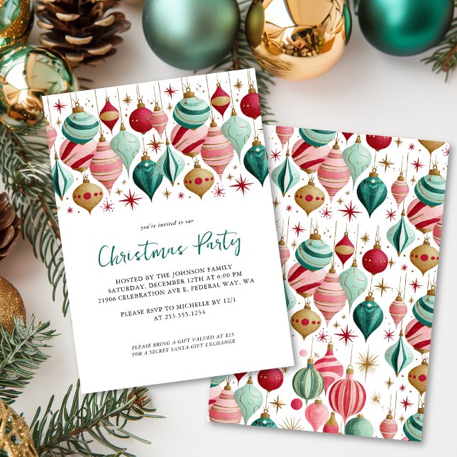 Convite Festa de Natal com Enfeites Rosa e Turquesa Retrô (Retro Pink and Teal Ornaments Christmas Party Invitation)