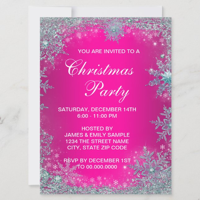 Convite Festa de Natal com Floco de Neve Azul Teal Rosa Vi (Frente)
