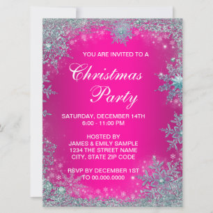 Convite Festa de Natal com Floco de Neve Azul Teal Rosa Vi