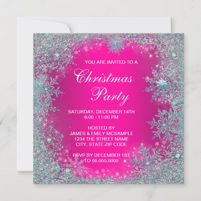 Convite Festa de Natal com Floco de Neve Azul Teal Rosa Vi (Frente)