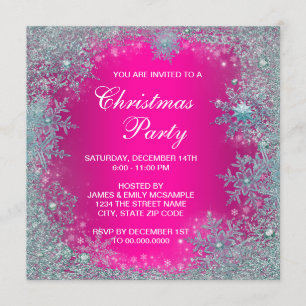 Convite Festa de Natal com Floco de Neve Azul Teal Rosa Vi