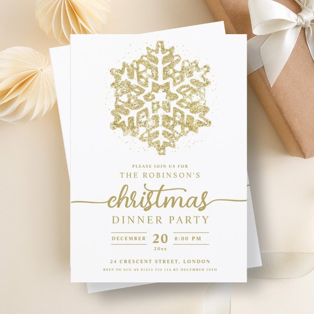 Convite Festa de Natal com Floco de Neve de inverno Dourad (Modern Gold Winter Snowflake Christmas Party Invitation)