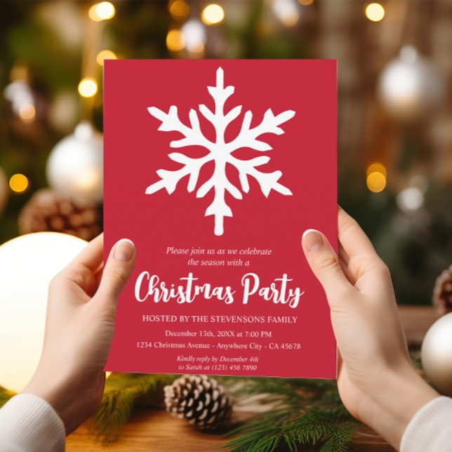 Convite Festa de Natal com Floco de Neve Vermelho Minimali (Criador carregado)