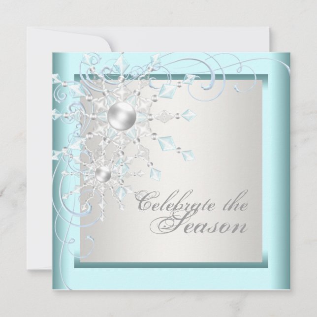 Convite Festa de Natal com Flocos de Neve Azul Turquesa El (Frente)