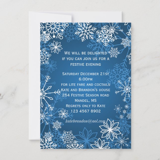 Convite Festa de Natal com flocos de neve brancos e azuis (Frente)