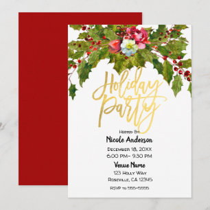 Convite Festa de Natal com Folhas de Azevinho em Script Do