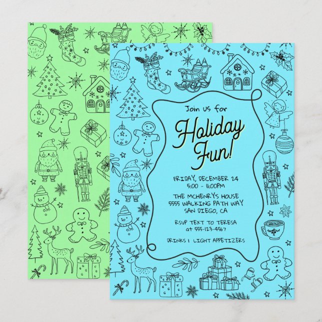 Convite Festa de Natal com garatuja desenhada à mão (Frente/Verso)