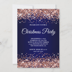 Convite Festa de Natal com Glitter em Rose Gold e Azul Mar