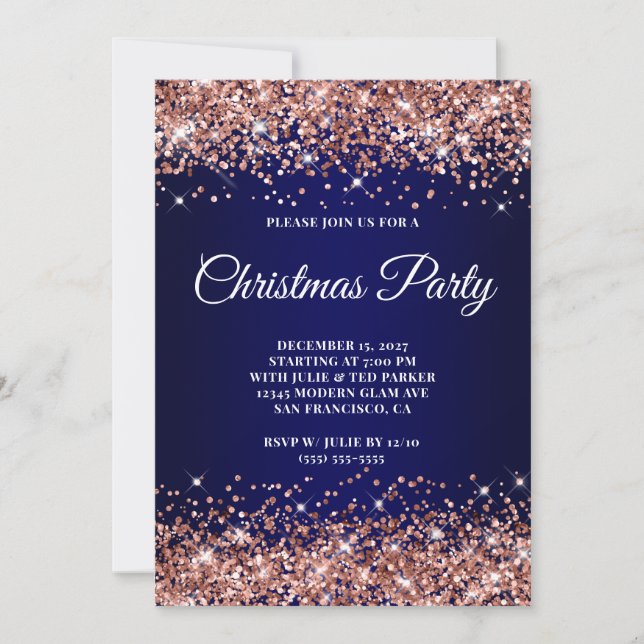 Convite Festa de Natal com Glitter em Rose Gold e Azul Mar (Frente)