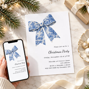 Convite Festa de Natal com laço azul branco toile francês