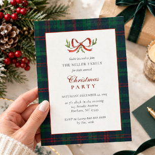Convite Festa de Natal com Laço e Xadrez Vermelho e Verde