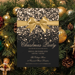 Convite Festa de Natal com Laço Glam Glamour Dourado Elega
