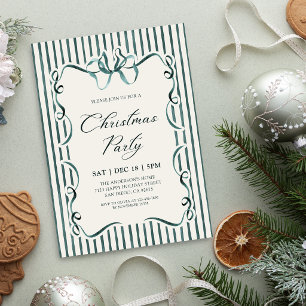 Convite Festa de Natal com Laço Verde e Listras em Aquarel