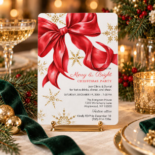 Convite Festa de Natal com Laço Vermelho Alegre e Brilhant