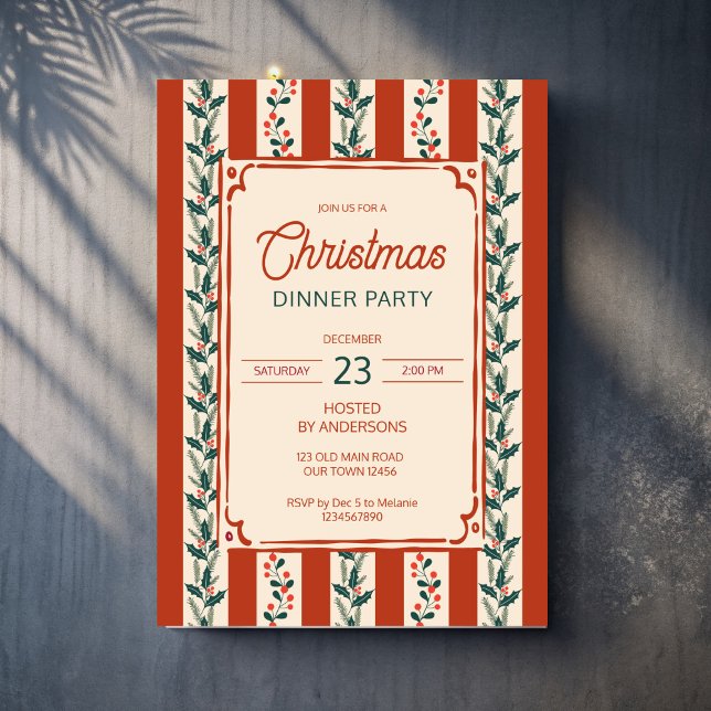 Convite Festa de Natal com listras retrô grandmilenial (Christmas retro red stripes grand millennial dinner party invitation cards template )