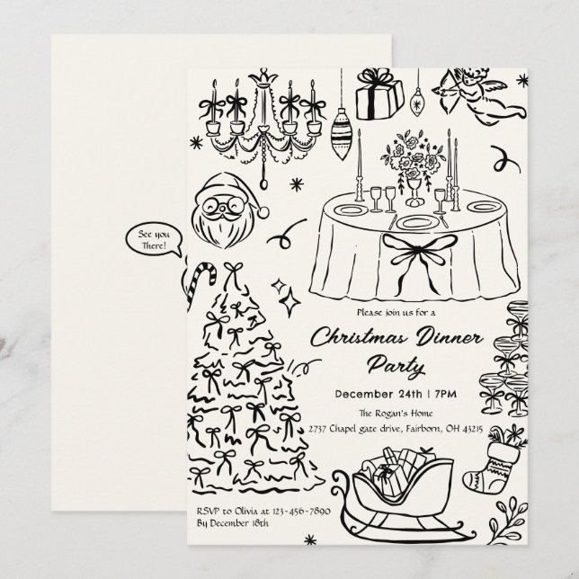 Convite Festa de Natal com Rabiscos Desenhados à Mão (Frente/Verso)