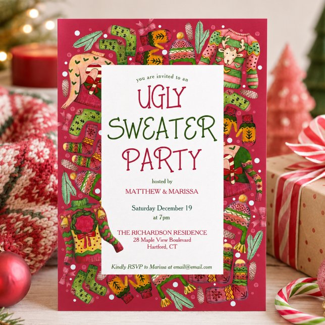 Convite Festa de Natal com Suéter Feio (cute whimsical fun colorful red green ugly sweater party invitation with custom name and details)