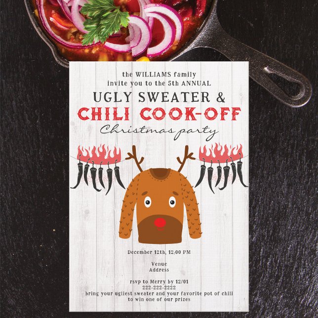 Convite Festa de Natal com Suéter Feio e Concurso de Chili (Ugly Sweater & Chili Cook Off Christmas Family Corporate BBQ Contest Party Invitation)