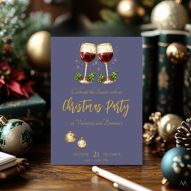 Convite Festa de Natal com Taças de Vinho em Roxo (Criador carregado)