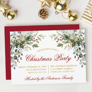 Convite Festa de Natal com Vegetação em Aquarela Vermelho 