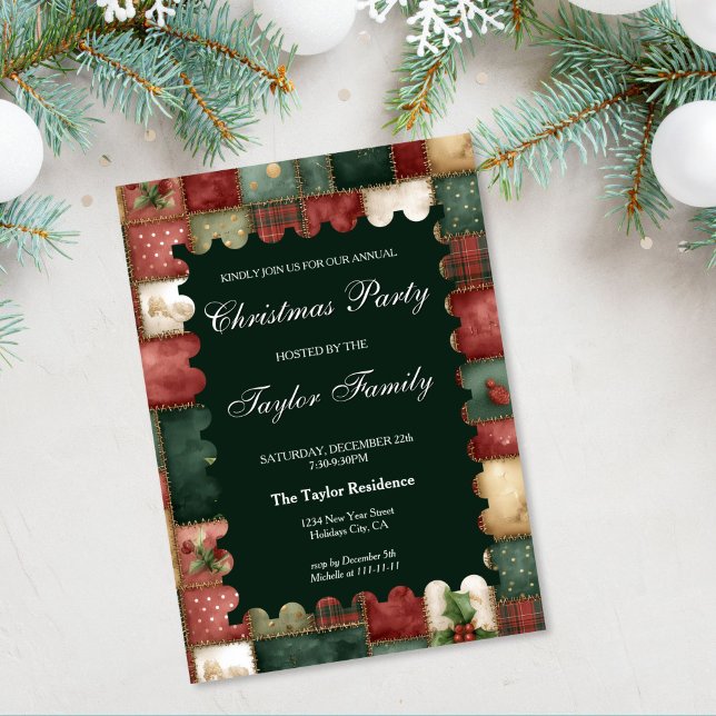 Convite Festa de Natal com Verde da Moda de Inverno Divert (christmas patchwork colorful warm watercolor party invitation)