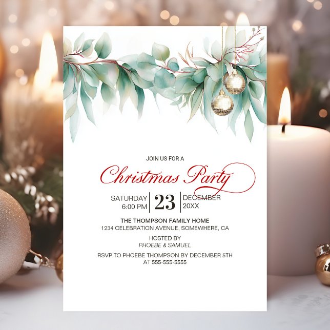 Convite Festa de Natal com Verde Folhagem em Aquarela (Criador carregado)