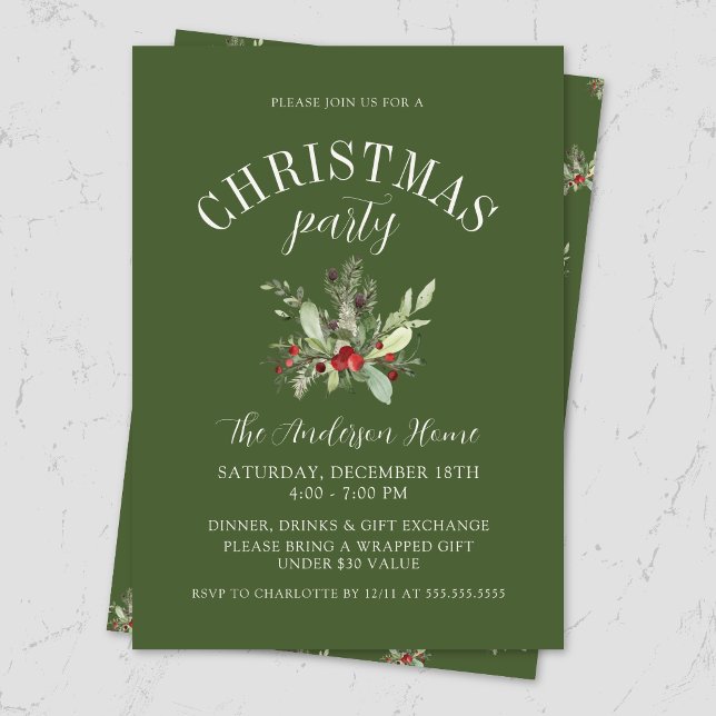Convite Festa de Natal com Visco Verde Elegante (Elegant modern Christmas party invitation with watercolor mistletoe for festive holiday luxury event)