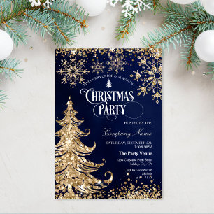 Convite Festa de Natal Corporativa com Brilho Dourado e Az
