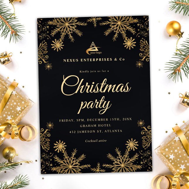Convite Festa de Natal Corporativa Dourada Negra (Black Gold Elegant Corporate Christmas Party Invitation)