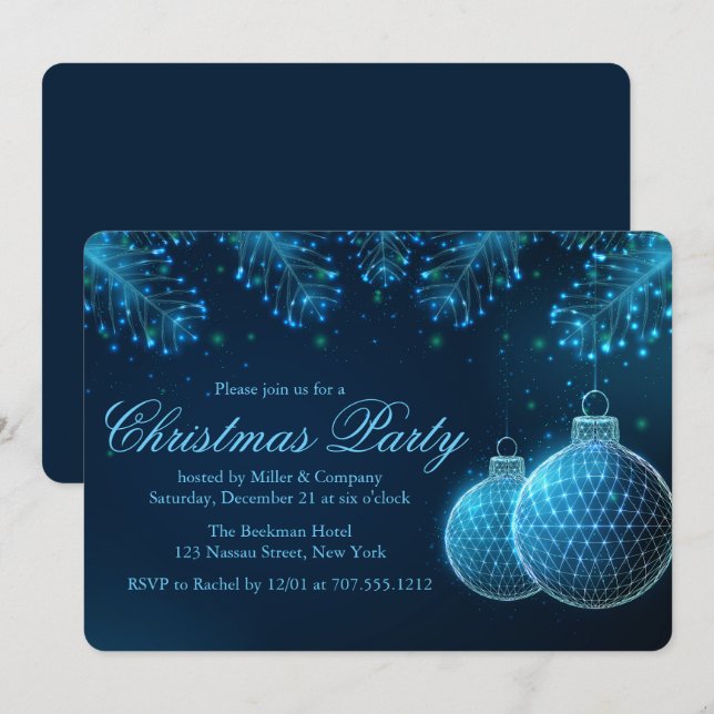 Convite Festa de Natal Corporativa Elegante Azul Bolas (Frente/Verso)
