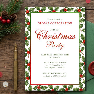 Convite Festa de Natal Corporativa Elegante com Folhas de 