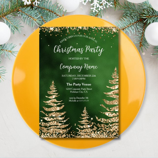 Convite Festa de Natal Corporativa Elegante Dourada Glitte (modern glitter pine tree on the green background christmas corporate party invitation)