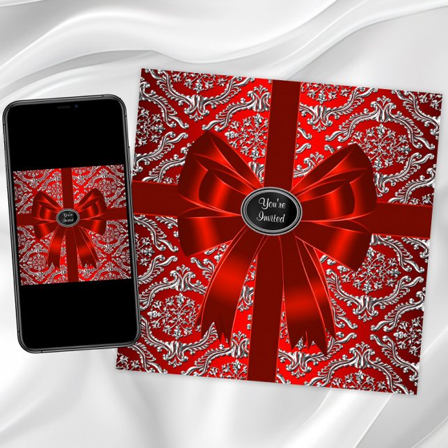 Convite Festa de Natal Corporativa em Damask Vermelho Prat (Rd silver any occasion invitation. Instant download and printed invitations available.)