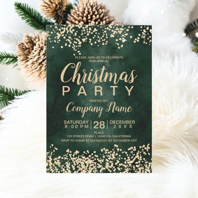 Convite Festa de Natal corporativa verde com brilho dourad (Chic gold glitter green corporate Christmas party Invitation)
