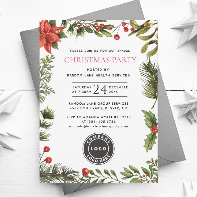 Convite Festa de Natal Corporativo Holly Berries (Modern Business Logo Christmas Party Red Berries Greenery Invitation)