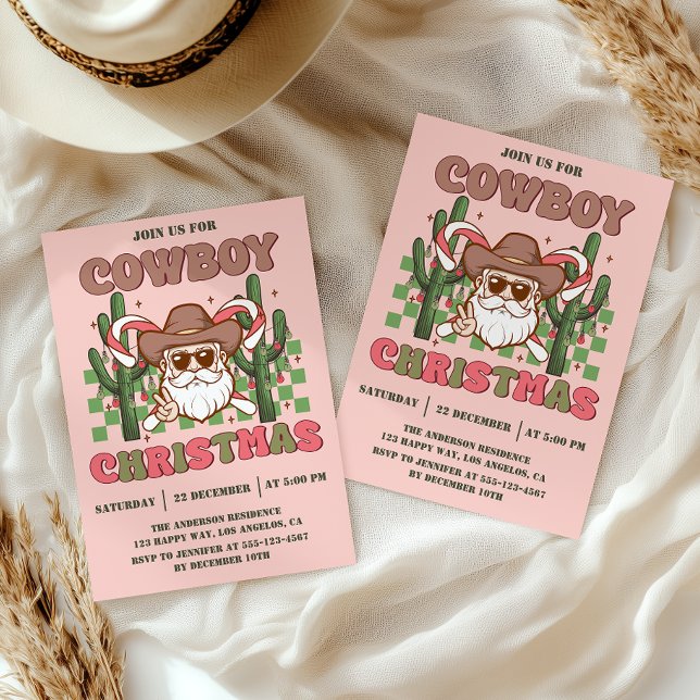 Convite Festa de Natal Cowboy Retro Rosa (Criador carregado)