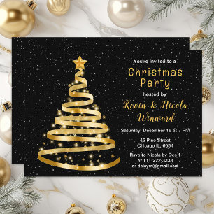 Convite Festa de Natal da Árvore de Fita Dourada e Preta
