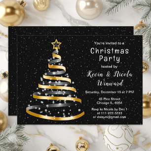 Convite Festa de Natal da Árvore de Fita Dourada e Preta