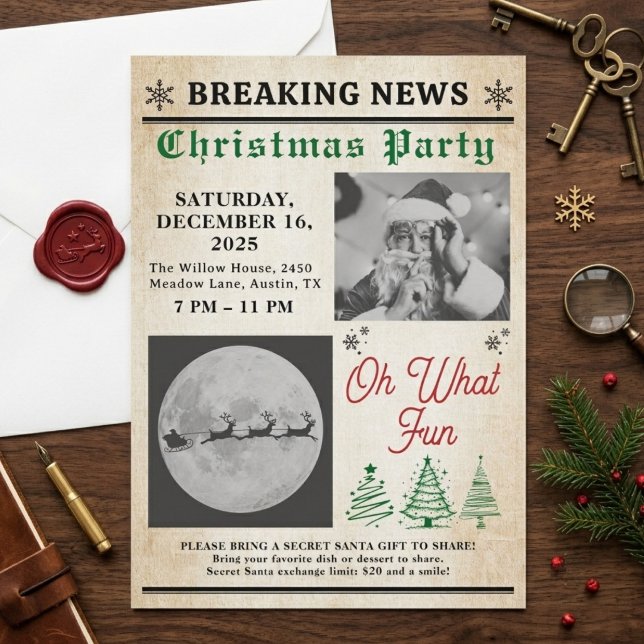 Convite Festa de Natal da Árvore de Jornal Antigo (christmas invitations )