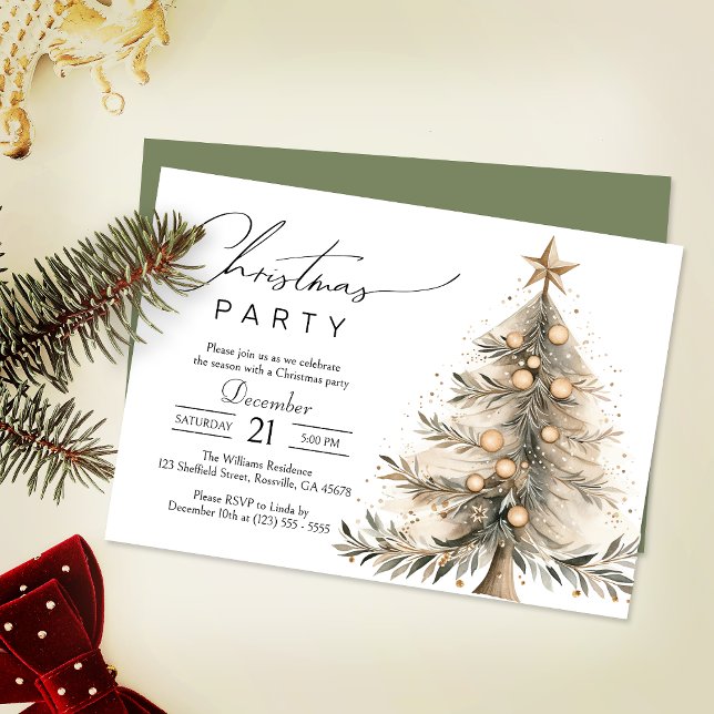 Convite Festa de Natal da Árvore do Xmas Elegante Watercol (Invite your guests to your Christmas celebration with this heartwarming and cozy holiday invitation.)