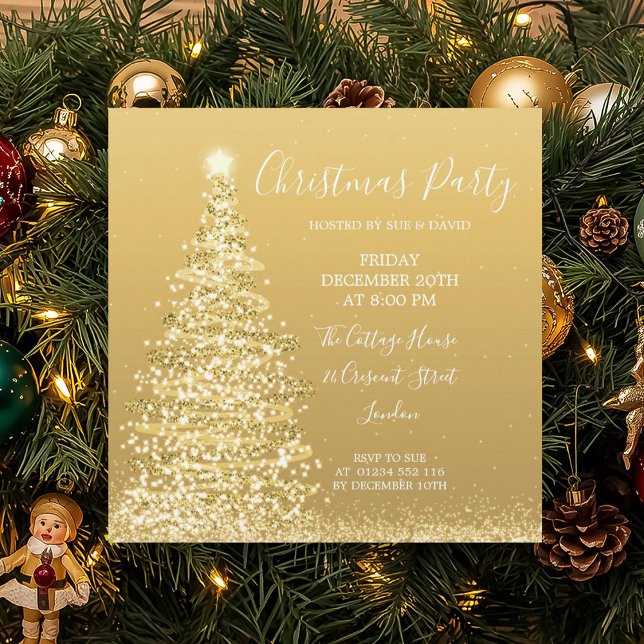 Convite Festa de Natal da Árvore Glitter Dourada Elegante  (Elegant Gold Glitter Tree Christmas Party Invitation)