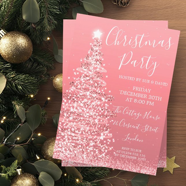 Convite Festa de Natal da Árvore Glitter Dourada Elegante  (Elegant Rose Gold Glitter Tree Christmas Party Invitation)