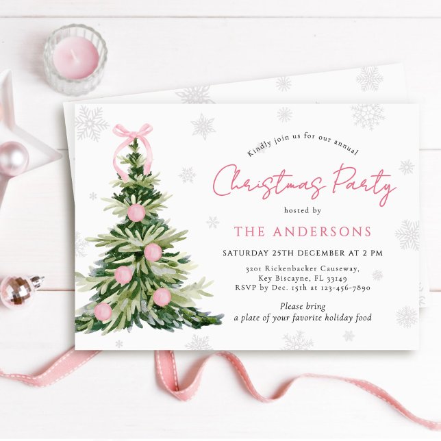 Convite Festa de Natal da Árvore Tradicional com Laço Rosa (Criador carregado)