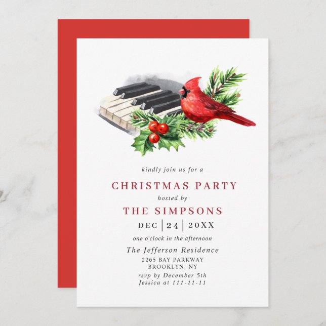 Convite Festa de Natal da Cardeal Vermelha Holly Berry (Frente/Verso)