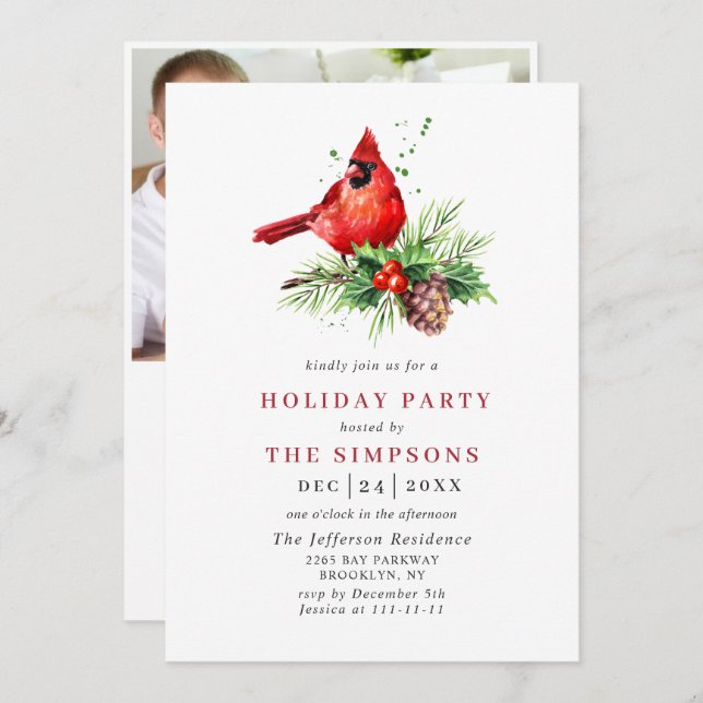 Convite Festa de Natal da Cardeal Vermelha Holly Berry (Frente/Verso)