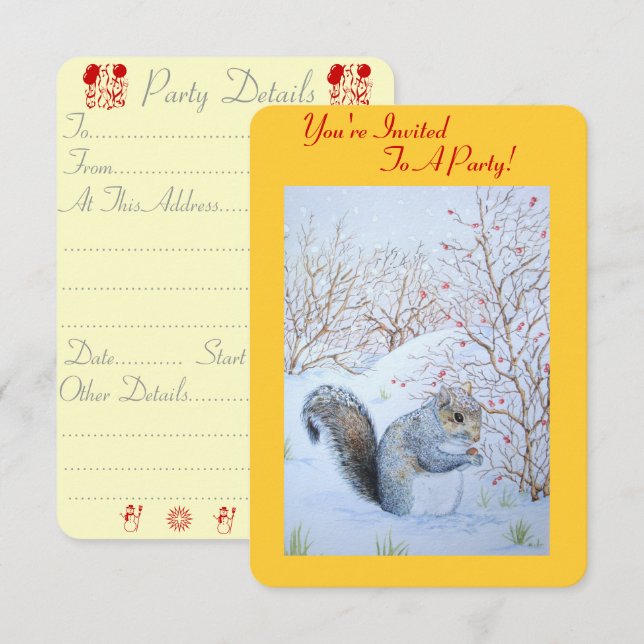Convite festa de natal da cena da neve do esquilo (Frente/Verso)