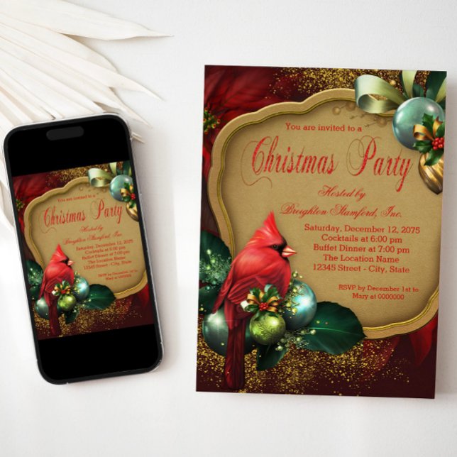 Convite Festa de Natal da Corporação Dourada Vermelha (Red gold cardinal ornaments Christmas party invitation. Available for instant download and print.)