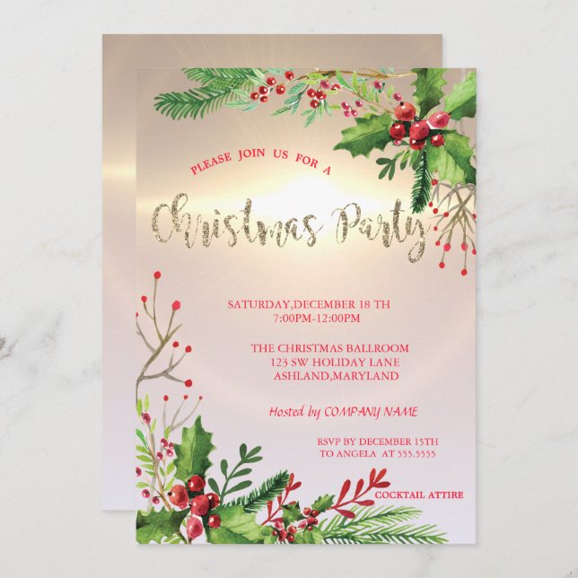 Convite Festa de Natal da Elegant Chic Holly Berries (Frente/Verso)