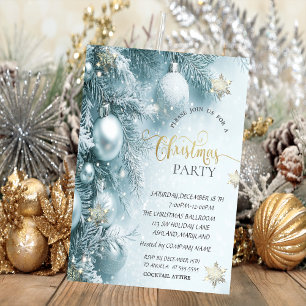 Convite Festa de Natal da Empresa Gold Snowflakes, Blue Ba